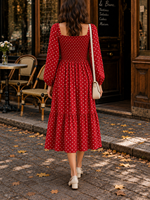 Nouvelle robe mi-longue décontractée pour femme, rouge à pois, col carré, manches longues, corsage smocké, jupe étagée en A