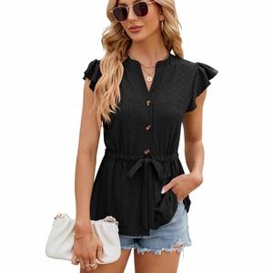 <span class=keywords><strong>T</strong></span>-<span class=keywords><strong>shirt</strong></span> ample à boutons et lacets en dentelle de couleur unie pour femmes, filles, printemps et é<span class=keywords><strong>t</strong></span>é 2025 - Product Image 6