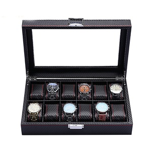 Customized Logo Luxury Carbon <b>Black</b> PU Leather Clear Window Packaging <b>Box</b> for 6 12 Slots Watches Organizer Storage case - Product Image 2