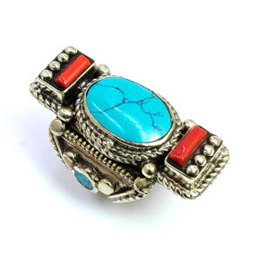 Bague en pierres précieuses corail turquoise naturel bague antique népalaise en argent tibétain fabricant de bijoux faits à la main - Product Image 1