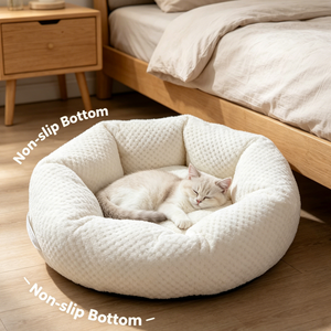 Coussin rond de luxe en tissu gaufré pour animaux de compagnie, vente directe d'usine, avec coton PP hautement élastique, pour chats et chiens - Product Image 3