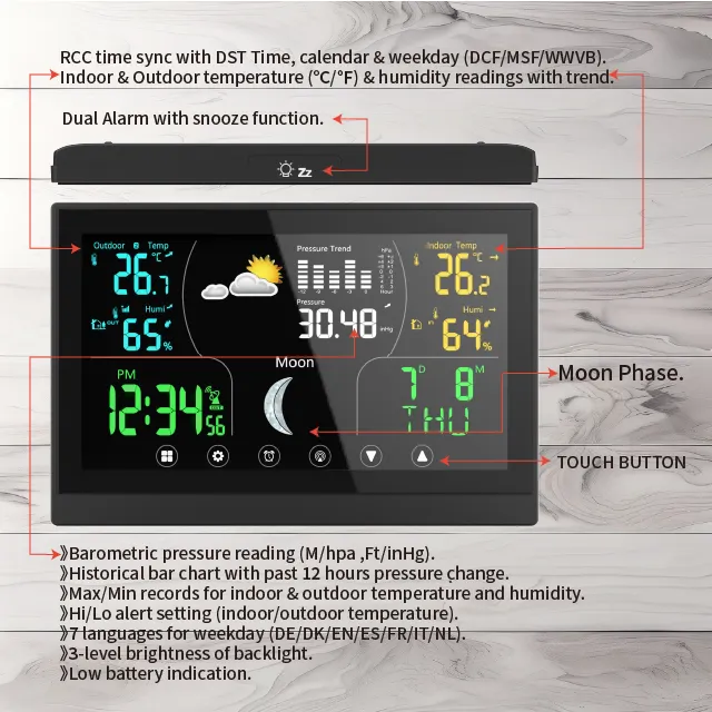 Youtong Dự báo thời tiết đa chức năng thông minh kỹ thuật số thời tiết đồng hồ hiển thị lớn Wifi Trạm thời tiết không dây
