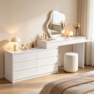 Coiffeuse moderne blanche avec miroir LED, meuble de rangement et tabouret pour chambre à coucher - Product Image 5