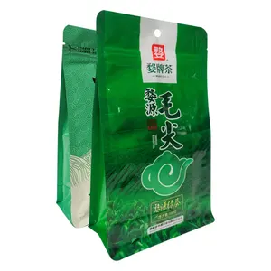Gloss Printed Laminating Moiture Proof Square Bottom Zipper Pouches Green Tea Package Bag