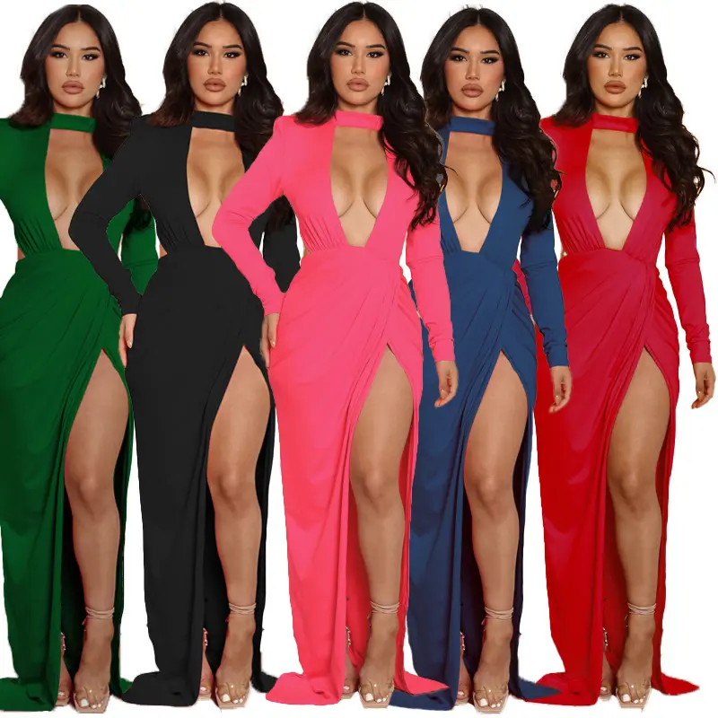 2022 Elegant Evening Gown For Women Fall Long Sleeve Bodycon High Split Sexy Full Dress Women Halter Backless Party Club Dresses