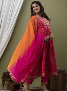Red Rayon Anarkali Kurta Pant Dupatta Set Ethnic Printed Suit Set <b>Gota</b> Lace Work Three Quarter Sleeves Festive Wear - Product Image 4
