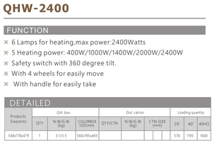 QHW-2400 Radiateur au quartz métallique autoportant 1000W à chauffage rapide, thermostat réglable, 6 modes d'éclairage, protection anti-renversement et anti-surchauffe - Product Image 6