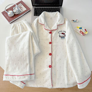 Sleepwear Sets 116# Winter Flannel Cardigan Lapel <strong>Pyjamas</strong> Ladies Cartoon Casual Suit Pajamas - Product Image 6