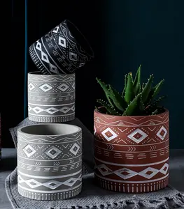 植物のための家の装飾ヴィンテージレトロラウンドアフリカ泥布幾何学的セラミック植木鉢