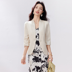Women's Champagne Blazer Three Quarter Sleeve Slim Fit Solid Color Professional Suit Jacket Spring Summer 2026 - Product Image 1
