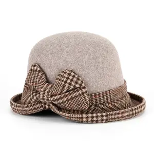 Wholesale Fall Winter New Round Crown Bowler Trendy Lady Church Hat Fashion Women Faux Wool Hat Sombreros Fedora Hats with Bow