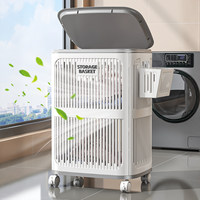 Panier à linge moderne en plastique grande capacité, pliable avec roulettes, anti-poussière, pour salle de bain et rangement de placard, blanc/marron
