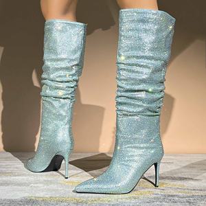 Bottes de luxe pour femmes, automne/hiver, talon aiguille occidental, à enfiler, unies, <span class=keywords><strong>plissées</strong></span>, sexy, hauteur genou - Product Image 3