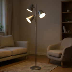 Lampadaire LED moderne à 3 lumières, 64 pouces, avec abat-jour conique en métal argenté, lampe de lecture pour salon et chambre à coucher - Product Image 2