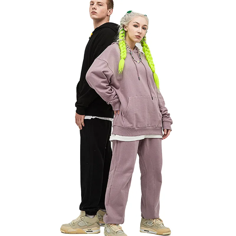 380gsm 100%cotton Premium Couples Streetwear Sweatpants Hoodie Set Unisex Tracksuit Plain Hoody 2 Piece Women Plain Sweat Suit