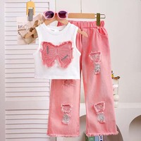 Ensemble deux pièces d'été pour filles : Blouse sans manches style européen avec nœud appliqué et short en jean déchiré