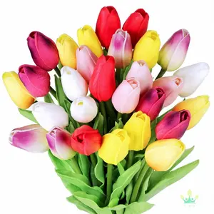 28 buah bunga Tulip buatan multiwarna batang Tulip palsu rasa asli Tulip PU buket o pernikahan musim semi Paskah