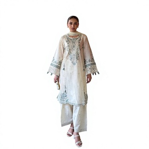 <b>White</b> Embroidered Lace Salwar Kameez <b>2</b>-<b>Piece</b> Long <b>Set</b> for Women Casual Wear Wedding Party - Product Image 1