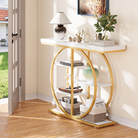 Table console dorée avec plateau en marbre, base circulaire à 5 niveaux, structure en métal, table étroite pour entrée, couloir, salon, hall d'entrée, 41,3 pouces