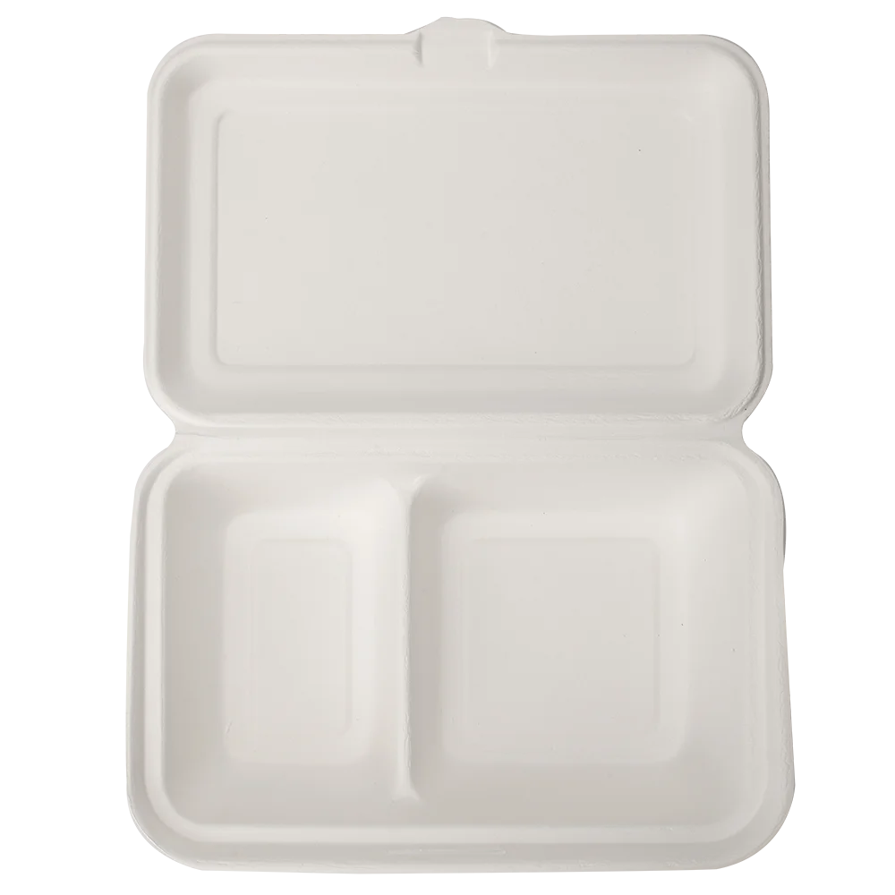 compostable and biodegradable 9X6 2 compartment food clamshell bagasse pulp