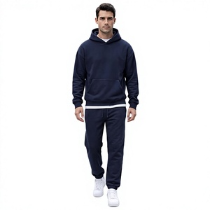 Ensemble de survêtement décontracté pour homme, bleu marine, à capuche, couleur unie, manches longues, 100 % coton, respirant, poids moyen, coupe classique - Product Image 1