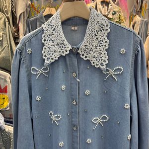 Cs916 Mới 2025 Mùa Thu Của Phụ Nữ Giản Dị Đính Cườm Bướm Denim Dài Tay Áo Áo Sơ Mi Châu Âu Tiên Tiến Thiết Kế Tất Cả Các Trận Đấu Thời Trang Áo - Product Image 2
