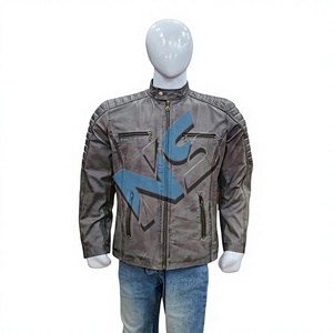 Nabtay Sports <b>Men's</b> Slim Fit Distressed Grey Genuine <b>Leather</b> Biker Motorcycle <b>Jacket</b> with Quilted Design Stand Collar for Winter - Product Image 1