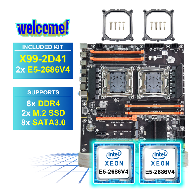 PANDL NEW X99-2D41 E-ATX 8X DDR4 ECC RAM Mainboard Set Intel Dual Xeon E5 2686 V4 X99 Motherboard Dual Cpu Combo Xeon X99 Kit