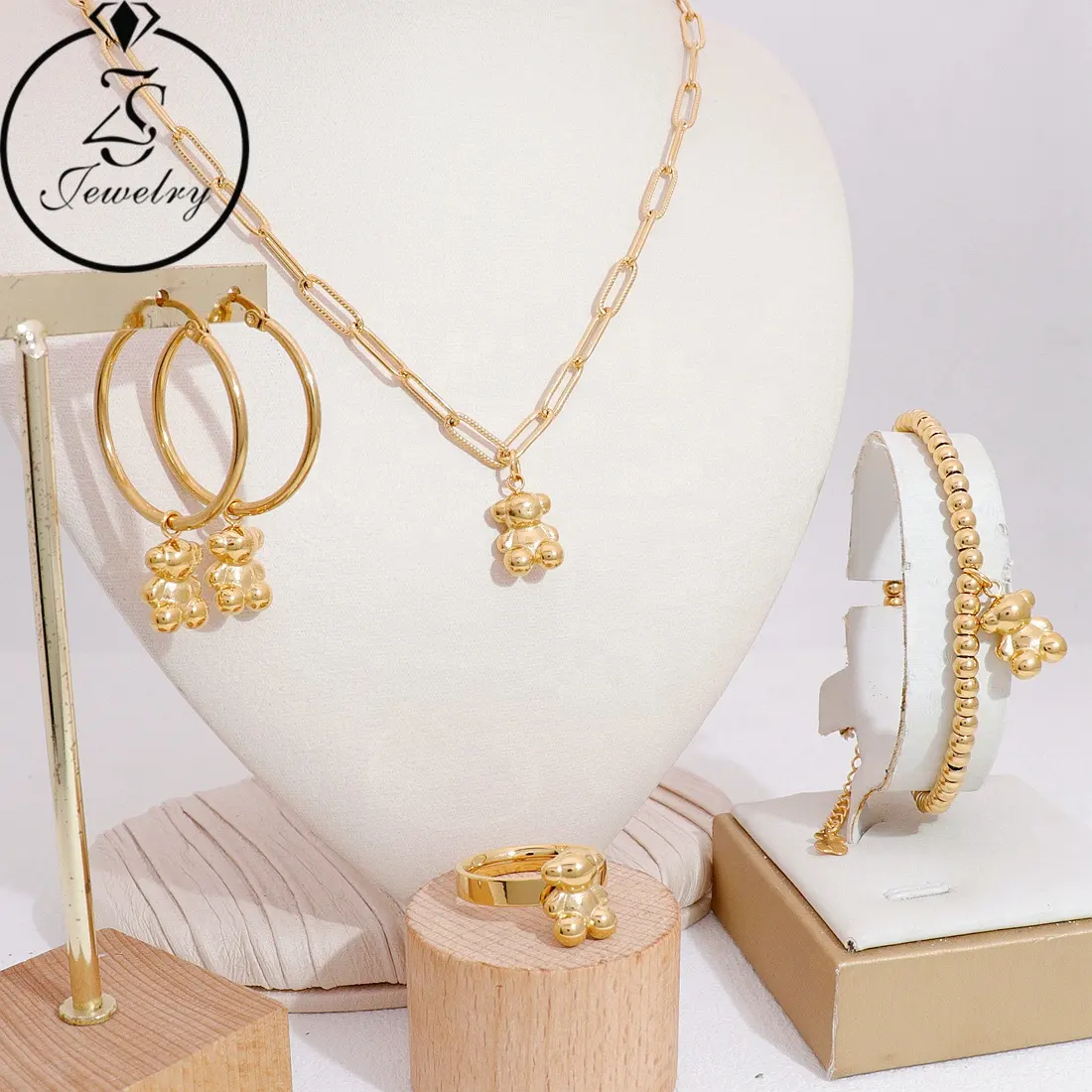 Gold Stainless Steel Beads Jewelry Bracelet Fashion Earrings Wholesale Mexico High Quality Gold Plated Set