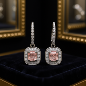 Orecchini in Argento con Diamanti ES043, Taglio Asscher, Pietra Centrale Rosa Fantasia, Pietre Laterali Colore D, Gioielli Classici da Sposa per Donna - Product Image 2