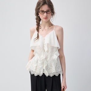 VEGA CHANG Top a Canotta Bianco con Ricamo a Occhiello e Volant per Donna, Scollo a V, <span class=keywords><strong>Senza</strong></span> <span class=keywords><strong>Maniche</strong></span>, con Bordo in Pizzo, <span class=keywords><strong>Blusa</strong></span> Casual, Ingrosso - Product Image 1
