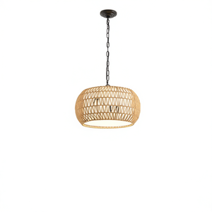 18 Inch <b>Rattan</b> Drum <b>Pendant</b> <b>Light</b> E26 Base Adjustable Height Farmhouse Style Indoor Chandelier - Product Image 1