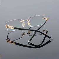 Lunettes de Vue en Alliage Ornées de Diamants avec Teinte Grise Dégradée, Verres Plans ou de Prescription, Monture Sans Cadre au Style Solide et Tendance