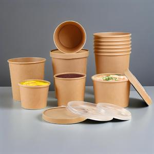 Seau en papier kraft jetable grande capacité, écologique, avec couvercles en PE, étanche et compatible micro-ondes, pour soupes, café et aliments à emporter - Product Image 4