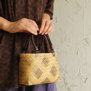 Bamboo Woven Bag <b>Mini</b> Leather Handle 25x9x20cm Bohemian Style Women's Storage Bag - Product Image 1