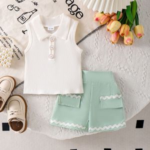 Ensemble décontracté été 2026 en coton respirant de couleur unie, <span class=keywords><strong>gilet</strong></span> et short pour bébés et enfants - Product Image 3