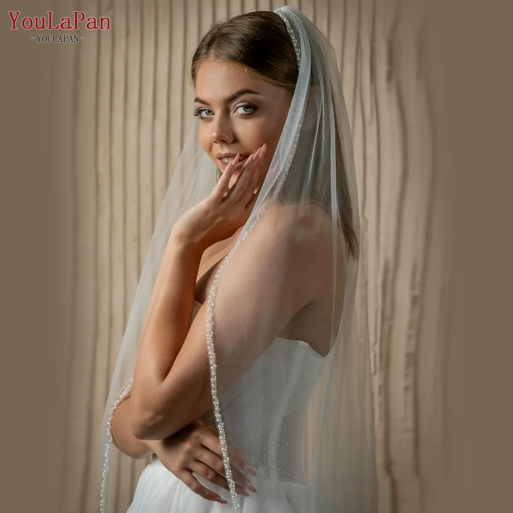 YouLaPan V134 Handmade Crystal Pearl Trim Veil Single Layer Fingertip Cathedral Multi Size Veil Bridal Wedding Off White Veil