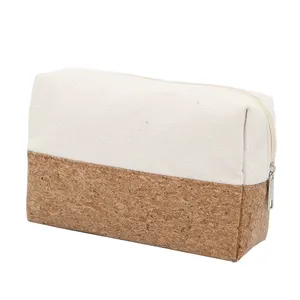 Çevre dostu doğal mantar makyaj kozmetik çantası toptan seyahat makyaj çantası ile Logo özel kanvas fermuarlı kese benzersiz hediye