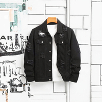 Blouson Bomber Homme Automne Hiver 2023 Col Montant Style Urbain en Denim Noir Crocheté Écologique Anti-Bactérien à Motif