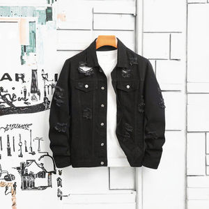 Autumn Winter 2023 Men's Stand Collar Bomber <b>Jacket</b> Crocheted <b>Black</b> <b>Denim</b> Front Zipper Closure Windproof <b>Hooded</b> Thick Shearing - Product Image 3