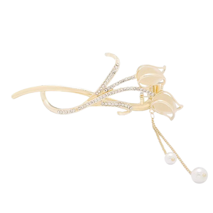 Pince <span class=keywords><strong>à</strong></span> cheveux chinoise en strass motif fleur de tulipe, avec chaîne <span class=keywords><strong>à</strong></span> pampilles en perles et pierre œil de chat, pour femmes - Product Image 6