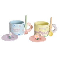 Mug en céramique grès à motif végétal avec petit motif floral, écologique, personnalisable, avec couvercle et cuillère en plastique portables