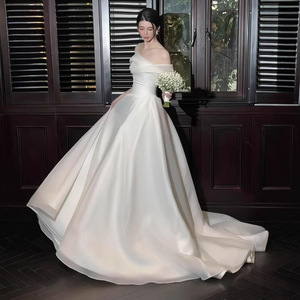 French Style Off Shoulder Wedding Dress White Natural Waistline Short Train Elegant Brides Gown Coming Of Age Ceremony - Product Image 4