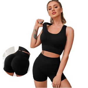 Women's Solid Peach High Waist Seamless Breathable Plus Size 2-Piece Fitness Set Slim Fit Gym Sports <b>Bra</b> and Shorts - Product Image 1