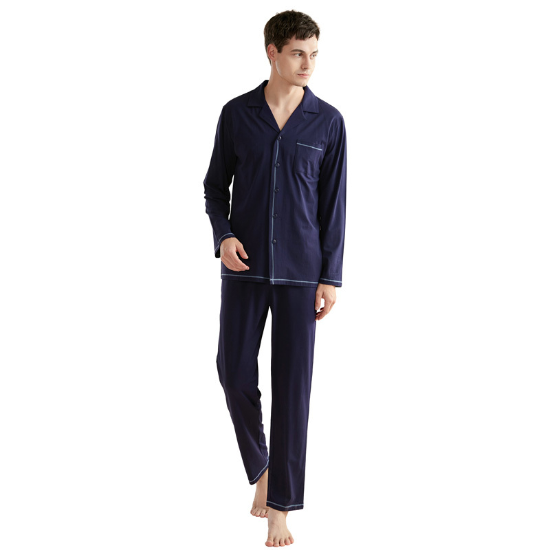 Men'S Solid Color Simple Pajama Sets Gentleman Lapel Modal Cotton Long Pajama Long-Sleeved Trousers Home Service Pajama Suit