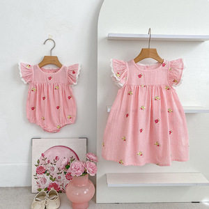 Combinaison-pantalon pour bébé fille à rayures florales d'été avec manches bouffantes, jupe en coton, style occidental, vêtements pour sœurs, vêtements pour enfants - Product Image 4