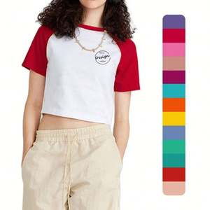 OEM T-shirt personnalisé à blocs de couleurs, sérigraphie en coton à manches courtes, t-shirt d'été décontracté, deux tons, haut court pour femmes, vente en gros - Product Image 1