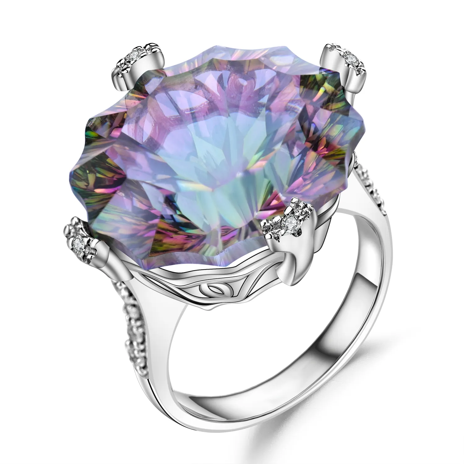 Abiding Luxury Natural Rainbow Mystic Quartz Cocktail Ring 925 Sterling Silver Irregular Gemstone Wedding Rings Jewelry Women