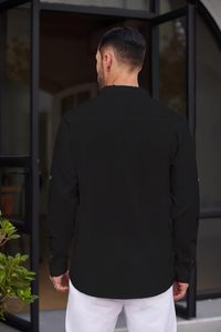 Camisa Henley de Lino de Manga Larga para Hombre - Cuello Alto, Estilo Casual para Playa, Otoño/Invierno, Corte Holgado y Transpirable - Product Image 4