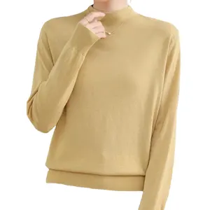 Elegancia de punto desgaste de cuello alto de manga larga 16G de punto fino de lana Merino suéter de las mujeres